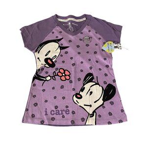 Mutts Organic Women's Earth Friendly V-Neck T-Shirt Cat & Dog Purple, Size S NWT